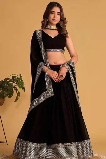 Black Sequins Embroidered Faux Blooming Lehenga Choli With Dupatta