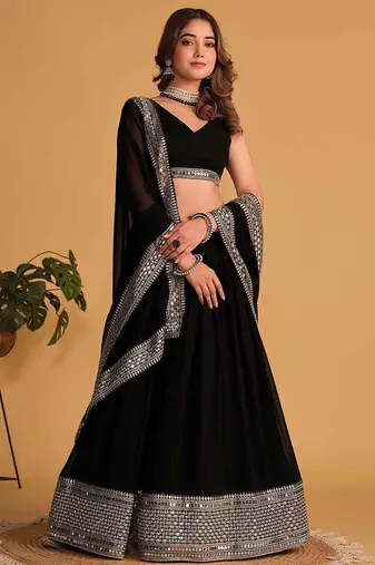 Black Sequins Embroidered Faux Blooming Lehenga Choli With Dupatta