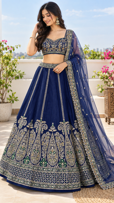 Blue Sequins Dori Thread Work Thai Silk Flared Lehenga Choli With Unstitched Blouse 1