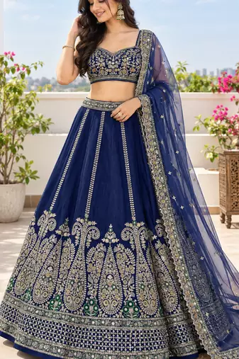 Blue Sequins Dori Thread Work Thai Silk Flared Lehenga Choli With Unstitched Blouse