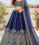Blue Sequins Dori Thread Work Thai Silk Flared Lehenga Choli With Unstitched Blouse