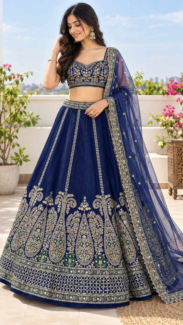 Blue Sequins Dori Thread Work Thai Silk Flared Lehenga Choli With Unstitched Blouse