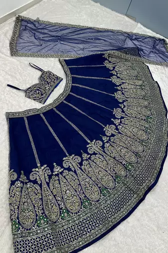 Blue Sequins Dori Thread Work Thai Silk Flared Lehenga Choli With Unstitched Blouse