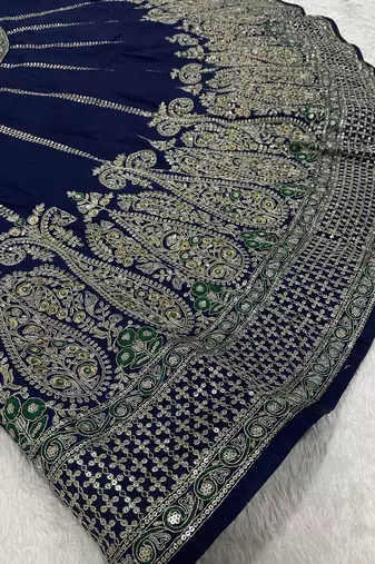 Blue Sequins Dori Thread Work Thai Silk Flared Lehenga Choli With Unstitched Blouse
