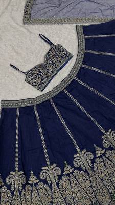 Blue Sequins Dori Thread Work Thai Silk Flared Lehenga Choli With Unstitched Blouse 4