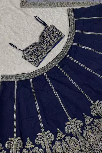 Blue Sequins Dori Thread Work Thai Silk Flared Lehenga Choli With Unstitched Blouse