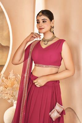 Rani pink Sequins Embroidered Faux Blooming Lehenga Choli With Dupatta 4