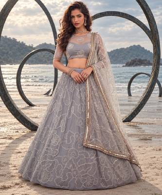LIGHT GREY NET BEATS & THREAD EWMBROIDERY WITH SEQUINCE WORK FESTIVE LEHENGA CHOLI SET FOR WOMEN'S 1