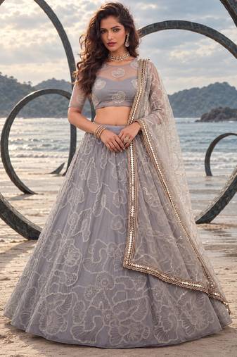 LIGHT GREY NET BEATS & THREAD EWMBROIDERY WITH SEQUINCE WORK FESTIVE LEHENGA CHOLI SET FOR WOMEN'S