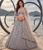 LIGHT GREY NET BEATS & THREAD EWMBROIDERY WITH SEQUINCE WORK FESTIVE LEHENGA CHOLI SET FOR WOMEN'S