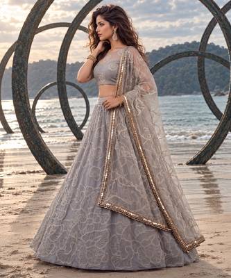 LIGHT GREY NET BEATS & THREAD EWMBROIDERY WITH SEQUINCE WORK FESTIVE LEHENGA CHOLI SET FOR WOMEN'S 2