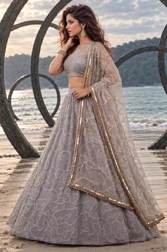 LIGHT GREY NET BEATS & THREAD EWMBROIDERY WITH SEQUINCE WORK FESTIVE LEHENGA CHOLI SET FOR WOMEN'S