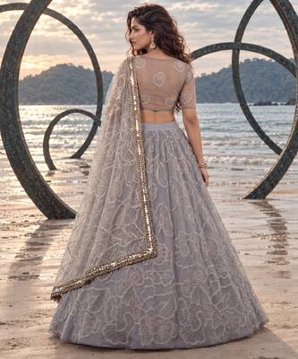 LIGHT GREY NET BEATS & THREAD EWMBROIDERY WITH SEQUINCE WORK FESTIVE LEHENGA CHOLI SET FOR WOMEN'S 3