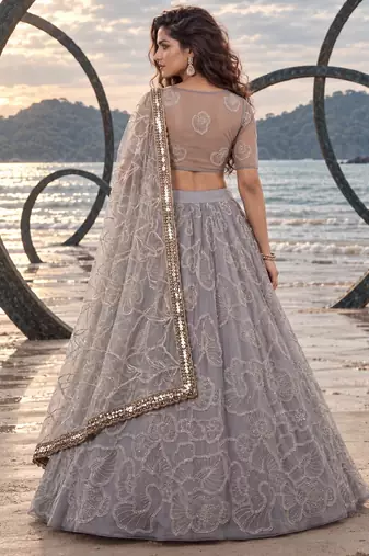 LIGHT GREY NET BEATS & THREAD EWMBROIDERY WITH SEQUINCE WORK FESTIVE LEHENGA CHOLI SET FOR WOMEN'S