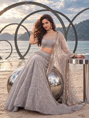 LIGHT GREY NET BEATS & THREAD EWMBROIDERY WITH SEQUINCE WORK FESTIVE LEHENGA CHOLI SET FOR WOMEN'S 4