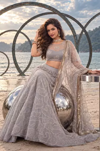 LIGHT GREY NET BEATS & THREAD EWMBROIDERY WITH SEQUINCE WORK FESTIVE LEHENGA CHOLI SET FOR WOMEN'S