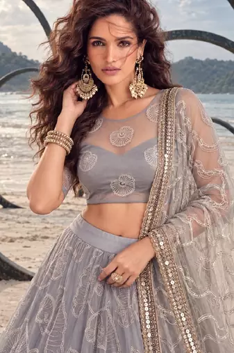 LIGHT GREY NET BEATS & THREAD EWMBROIDERY WITH SEQUINCE WORK FESTIVE LEHENGA CHOLI SET FOR WOMEN'S