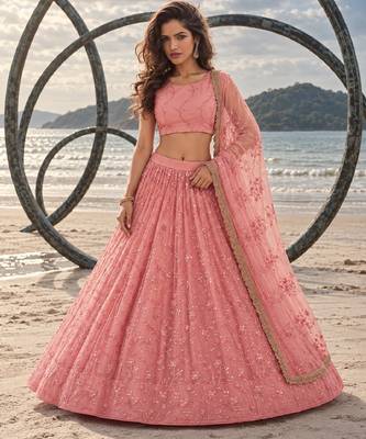 LIGHT PINK NET BEATS & THREAD EWMBROIDERY WITH SEQUINCE WORK FESTIVE LEHENGA CHOLI SET FOR WOMEN'S 1