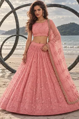 LIGHT PINK NET BEATS & THREAD EWMBROIDERY WITH SEQUINCE WORK FESTIVE LEHENGA CHOLI SET FOR WOMEN'S