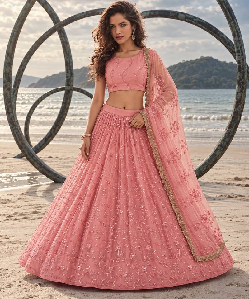LIGHT PINK NET BEATS & THREAD EWMBROIDERY WITH SEQUINCE WORK FESTIVE LEHENGA CHOLI SET FOR WOMEN'S