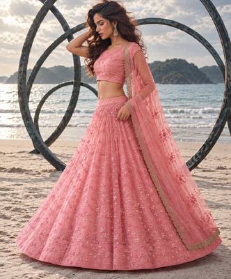 LIGHT PINK NET BEATS & THREAD EWMBROIDERY WITH SEQUINCE WORK FESTIVE LEHENGA CHOLI SET FOR WOMEN'S 2