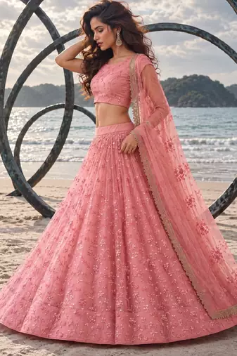 LIGHT PINK NET BEATS & THREAD EWMBROIDERY WITH SEQUINCE WORK FESTIVE LEHENGA CHOLI SET FOR WOMEN'S