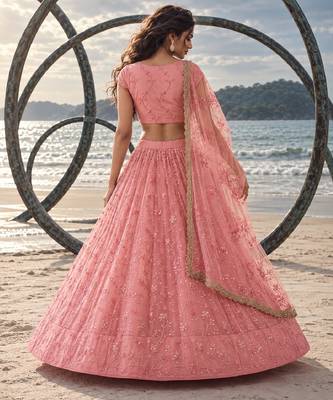 LIGHT PINK NET BEATS & THREAD EWMBROIDERY WITH SEQUINCE WORK FESTIVE LEHENGA CHOLI SET FOR WOMEN'S 3