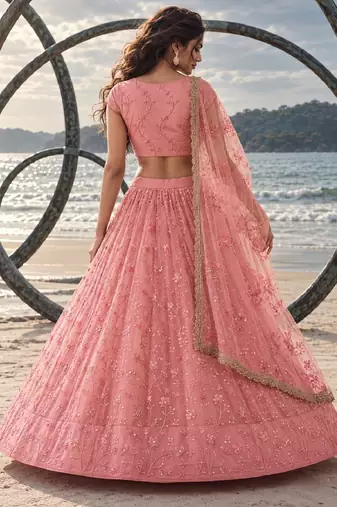 LIGHT PINK NET BEATS & THREAD EWMBROIDERY WITH SEQUINCE WORK FESTIVE LEHENGA CHOLI SET FOR WOMEN'S