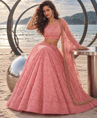 LIGHT PINK NET BEATS & THREAD EWMBROIDERY WITH SEQUINCE WORK FESTIVE LEHENGA CHOLI SET FOR WOMEN'S 4
