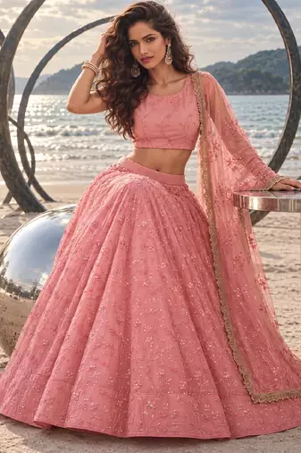 LIGHT PINK NET BEATS & THREAD EWMBROIDERY WITH SEQUINCE WORK FESTIVE LEHENGA CHOLI SET FOR WOMEN'S