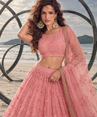 LIGHT PINK NET BEATS & THREAD EWMBROIDERY WITH SEQUINCE WORK FESTIVE LEHENGA CHOLI SET FOR WOMEN'S 5
