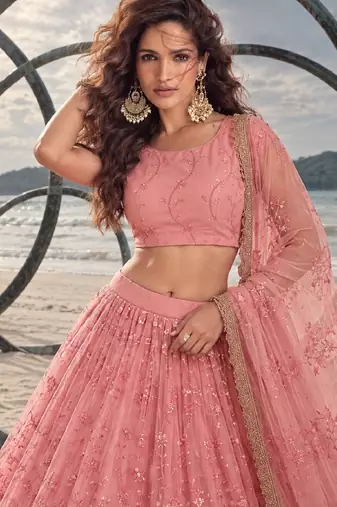 LIGHT PINK NET BEATS & THREAD EWMBROIDERY WITH SEQUINCE WORK FESTIVE LEHENGA CHOLI SET FOR WOMEN'S