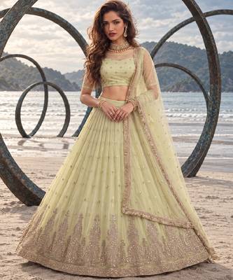 LEMON YELLOW NET BEATS & THREAD EWMBROIDERY WITH SEQUINCE WORK FESTIVE LEHENGA CHOLI SET FOR WOMEN'S 1