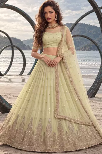 LEMON YELLOW NET BEATS & THREAD EWMBROIDERY WITH SEQUINCE WORK FESTIVE LEHENGA CHOLI SET FOR WOMEN'S