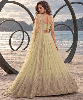 LEMON YELLOW NET BEATS & THREAD EWMBROIDERY WITH SEQUINCE WORK FESTIVE LEHENGA CHOLI SET FOR WOMEN'S 3