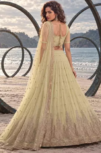 LEMON YELLOW NET BEATS & THREAD EWMBROIDERY WITH SEQUINCE WORK FESTIVE LEHENGA CHOLI SET FOR WOMEN'S