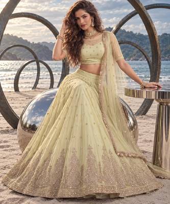 LEMON YELLOW NET BEATS & THREAD EWMBROIDERY WITH SEQUINCE WORK FESTIVE LEHENGA CHOLI SET FOR WOMEN'S 4