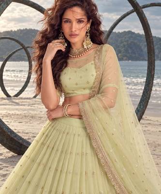 LEMON YELLOW NET BEATS & THREAD EWMBROIDERY WITH SEQUINCE WORK FESTIVE LEHENGA CHOLI SET FOR WOMEN'S 5