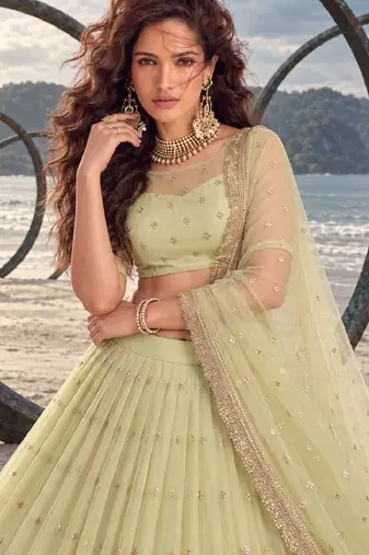 LEMON YELLOW NET BEATS & THREAD EWMBROIDERY WITH SEQUINCE WORK FESTIVE LEHENGA CHOLI SET FOR WOMEN'S