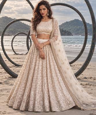 OFF WHITE CREAM NET BEATS & THREAD EWMBROIDERY WITH SEQUINCE WORK FESTIVE LEHENGA CHOLI SET FOR WOMEN'S 1