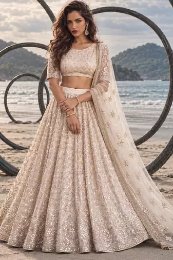 OFF WHITE CREAM NET BEATS & THREAD EWMBROIDERY WITH SEQUINCE WORK FESTIVE LEHENGA CHOLI SET FOR WOMEN'S