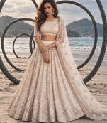 OFF WHITE CREAM NET BEATS & THREAD EWMBROIDERY WITH SEQUINCE WORK FESTIVE LEHENGA CHOLI SET FOR WOMEN'S