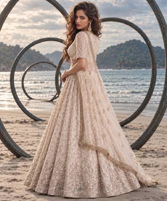 OFF WHITE CREAM NET BEATS & THREAD EWMBROIDERY WITH SEQUINCE WORK FESTIVE LEHENGA CHOLI SET FOR WOMEN'S 2