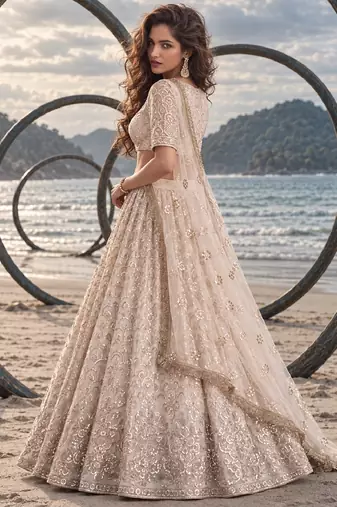 OFF WHITE CREAM NET BEATS & THREAD EWMBROIDERY WITH SEQUINCE WORK FESTIVE LEHENGA CHOLI SET FOR WOMEN'S