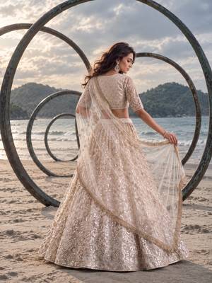 OFF WHITE CREAM NET BEATS & THREAD EWMBROIDERY WITH SEQUINCE WORK FESTIVE LEHENGA CHOLI SET FOR WOMEN'S 3