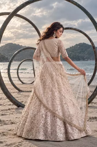 OFF WHITE CREAM NET BEATS & THREAD EWMBROIDERY WITH SEQUINCE WORK FESTIVE LEHENGA CHOLI SET FOR WOMEN'S