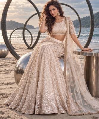 OFF WHITE CREAM NET BEATS & THREAD EWMBROIDERY WITH SEQUINCE WORK FESTIVE LEHENGA CHOLI SET FOR WOMEN'S 4