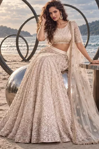 OFF WHITE CREAM NET BEATS & THREAD EWMBROIDERY WITH SEQUINCE WORK FESTIVE LEHENGA CHOLI SET FOR WOMEN'S