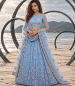 MINT BLUE NET BEATS & THREAD EWMBROIDERY WITH SEQUINCE WORK FESTIVE LEHENGA CHOLI SET FOR WOMEN'S