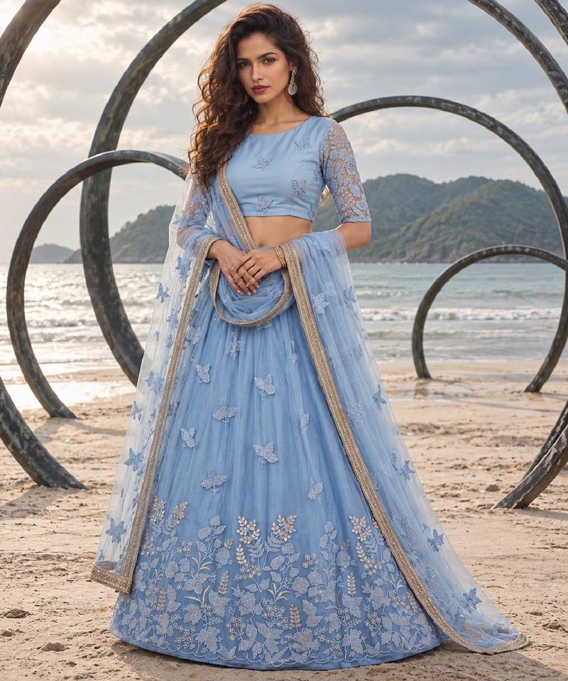MINT BLUE NET BEATS & THREAD EWMBROIDERY WITH SEQUINCE WORK FESTIVE LEHENGA CHOLI SET FOR WOMEN'S